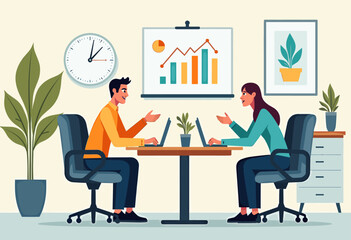Two people are working on laptops in an office setting, with a plant and a clock on the wall behind them. Flat vector illustration