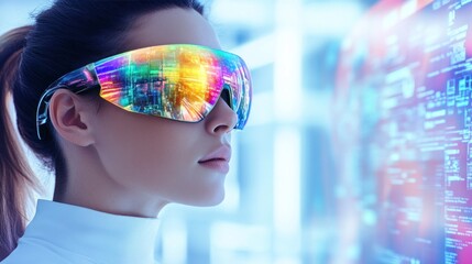 Software engineer wearing smart glasses analyzing holographic futuristic user interface screen with data and code