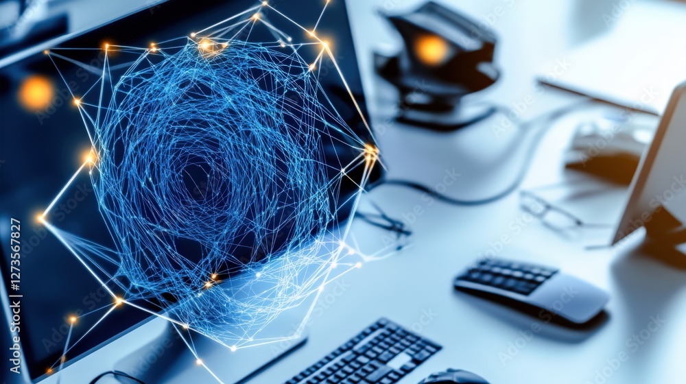 Poster innovative technology networking office workspace digital art modern environment close-up view data 