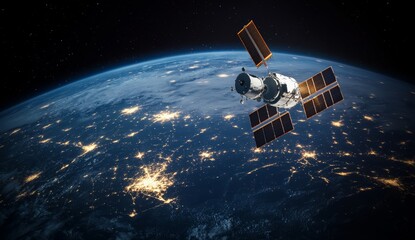Obraz premium Spacecraft with a satellite in orbit over Earth, against a black background, a space station concept. 