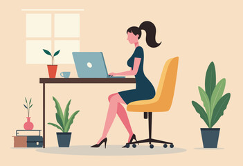 A woman is sitting at a desk, working on a laptop computer. Flat vector illustration