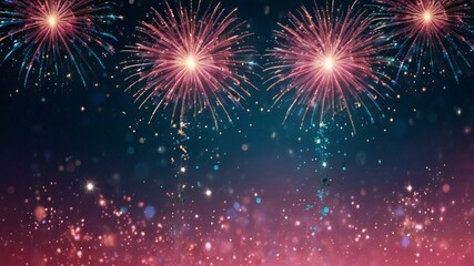 Fototapeta premium Pink and blue festive background with sparkling fireworks exploding