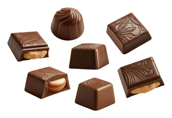 Naklejka premium Assorted milk chocolates in various shapes, some with nuts, isolated on transparent background