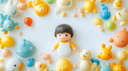 Obraz premium Happy child surrounded by colorful cartoon animal toys on white background.