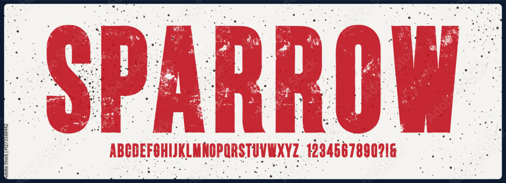 Aufkleber condensed grunge vector font with texture. alphabet font with uppercase and number