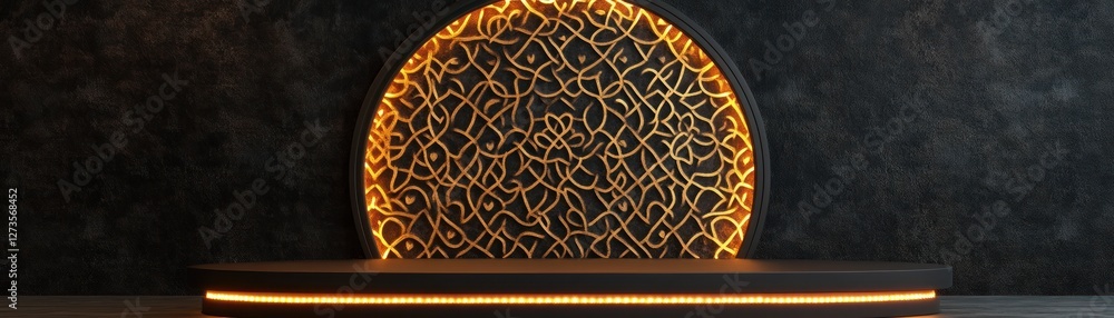 Poster illuminated ornamental background with a dark podium and floor