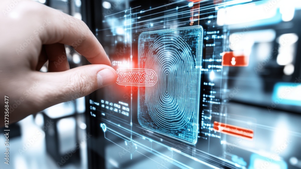 Poster digital fingerprint scanning technology modern office tech innovation high-tech environment close-up