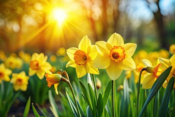 Fototapeta premium Vibrant yellow daffodils burst forth in a springtime garden, a nature photographer's dream.