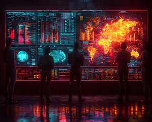 Futuristic Business Acquisition Strategy Visualization on Glowing HUD Display with Collaborative Team Brainstorming