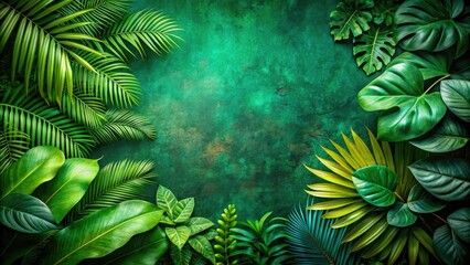 Fototapeta premium Vintage green leaves frame lush tropical greenery, textured botanical background for nature photography.