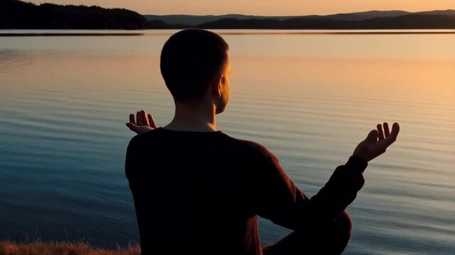 A man meditating doing yoga sitting on the lake at sunset