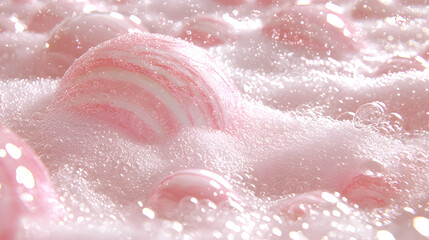 Fototapeta premium Soft pink marbled soap bubbles in a dreamy bath scene