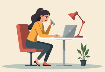 A woman is working on a laptop at a desk, with a red lamp providing light and a potted plant nearby. Flat vector illustration