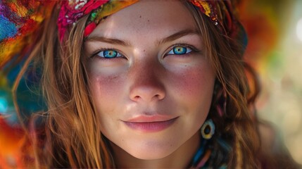Naklejka premium Close-Up Of A Young Woman With Striking Blue Eyes, Vibrant Headscarf, And Freckled Skin.