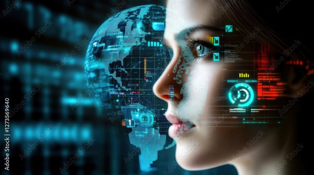 Poster exploring digital intelligence a woman's profile in a futuristic tech environment with global data v
