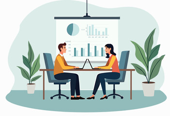 Two people are working on laptops in an office setting, with a presentation board displaying graphs and charts in the background. Flat vector illustration