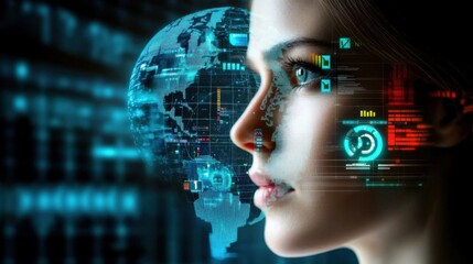 Exploring digital intelligence a woman's profile in a futuristic tech environment with global data visualization