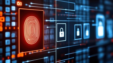 Digital security measures fingerprint authentication technology cybersecurity realm visual data high-tech environment futuristic perspective privacy concept