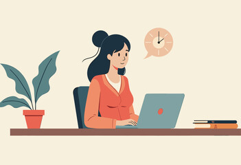 A woman is working on a laptop at her desk, with a potted plant and a clock on the wall behind her. Flat vector illustration