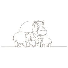 A hand-drawn illustration of a cute hippo family with adorable features and a loving atmosphere