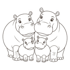 A hand-drawn illustration of a cute hippo family with joyful expressions and gentle features