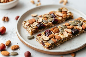 Granola bars on gray plate with nut and seed toppings. Artificial intelligence image