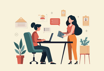 Two women are working in an office setting, with one sitting at a desk using a laptop and the other standing nearby, holding a book. Flat vector illustration