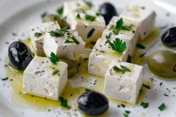 Marinated feta with olives on plate. Artificial intelligence image