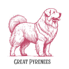 A hand-drawn illustration of a Great Pyrenees dog with elegant posture and expressive eyes