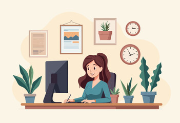 A woman is working at a desk in an office, surrounded by plants and clocks, with a computer monitor and keyboard in front of her. Flat vector illustration
