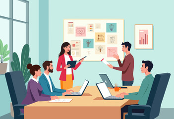 A group of people are working together in a meeting room, with laptops open on the table and a presentation board on the wall. Flat vector illustration