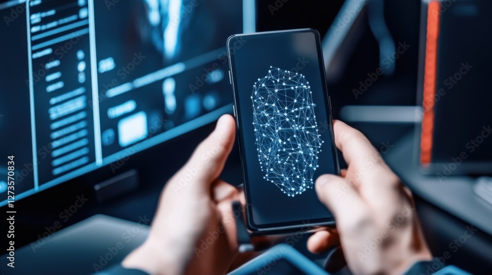 Poster innovative facial recognition technology demonstrated on smart device in high-tech environment with 