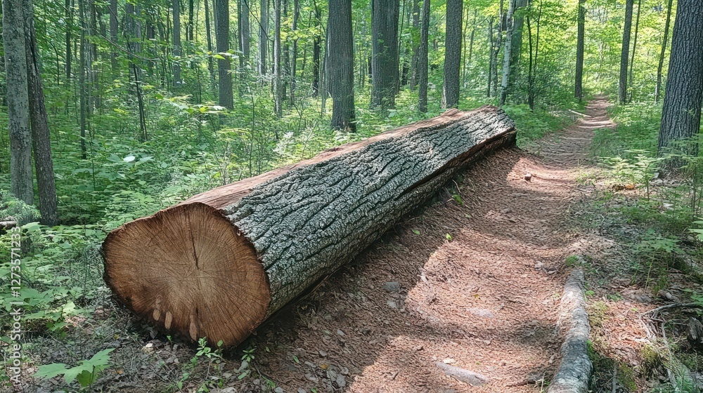 Poster Fallen tree trunk blocks a narrow pathway in forest
