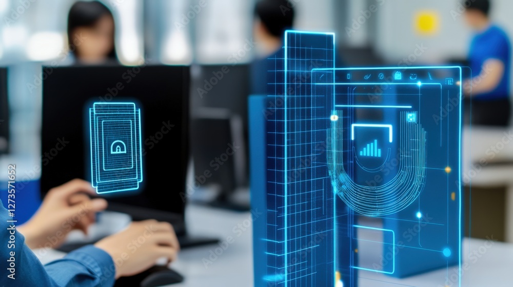 Poster innovative technology implementation in business settings office environment digital interaction mod