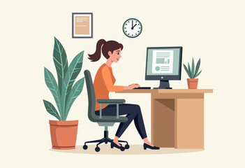 A woman is working at her desk in an office, using a computer and surrounded by a potted plant and a clock. Flat vector illustration