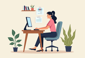 A woman is working at her desk, using a computer and surrounded by plants, in a comfortable and organized workspace. Flat vector illustration