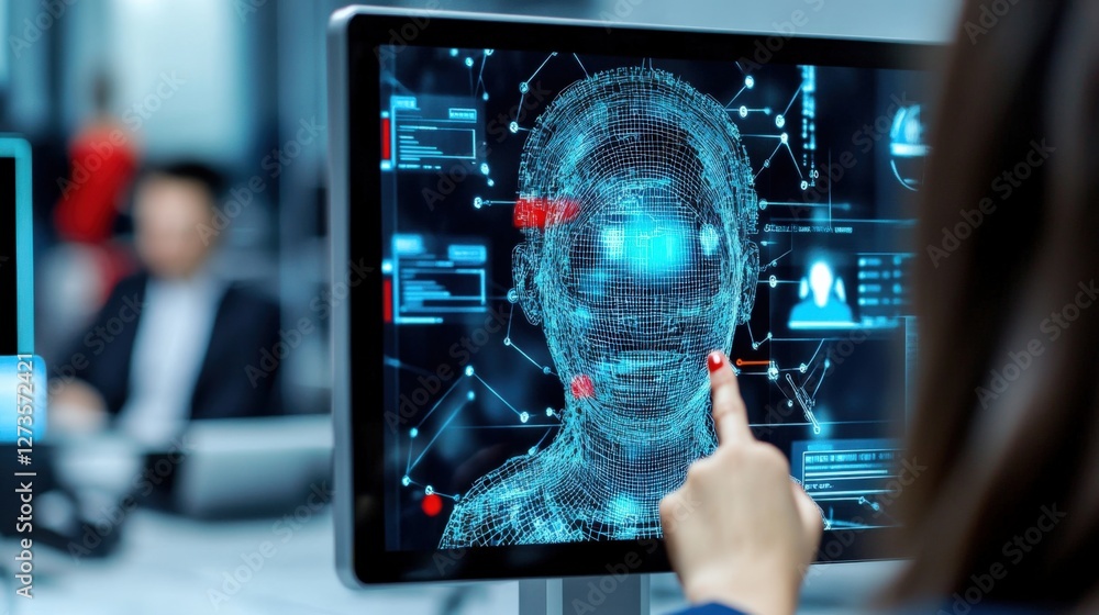 Poster innovative technology interaction digital workspace data visualization modern office close-up user e