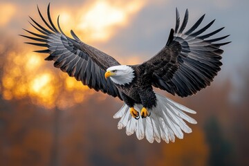 Fototapeta premium Majestic Bald Eagle Soaring at Sunset