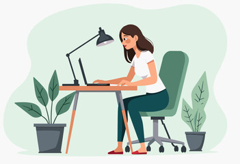 A woman is working on a laptop at a desk, surrounded by potted plants and a lamp, in a comfortable home office setting. Flat vector illustration