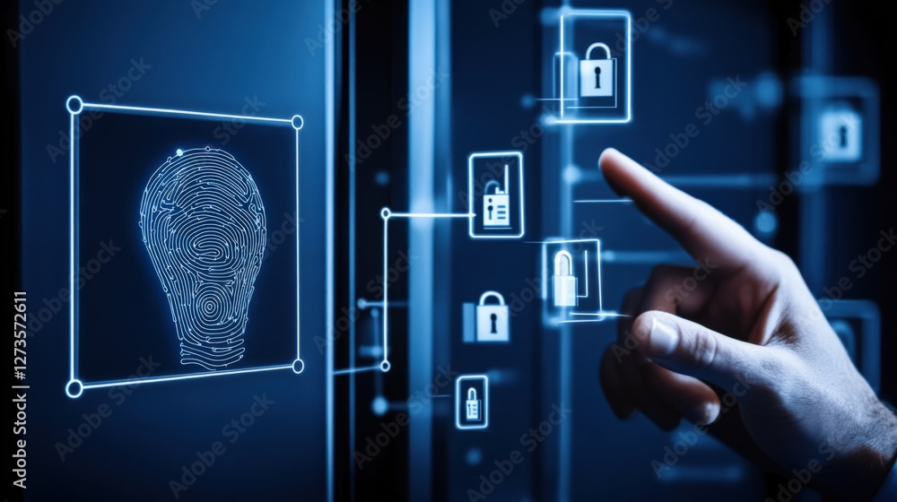 Poster cybersecurity innovations understanding fingerprint technology digital workspace infographic high-te