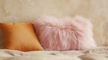 A flat lay featuring a pink fluffy fur plaid paired with light orange cushions on a sandy beige duvet. The background has a subtle gradient effect with earthy tones.