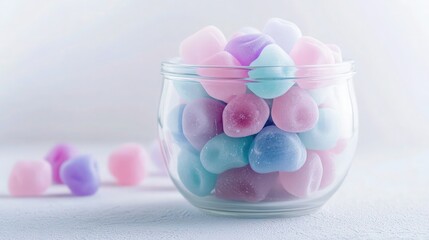 A frosted glass jar of multicolored jelly gums spinning gently, with pastel hues of pink, blue, and purple. 