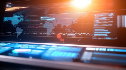 Global data visualization dashboard digital workspace infographic high-tech environment close-up information analysis