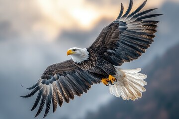 Fototapeta premium Majestic Bald Eagle Soaring Through Cloudy Skies