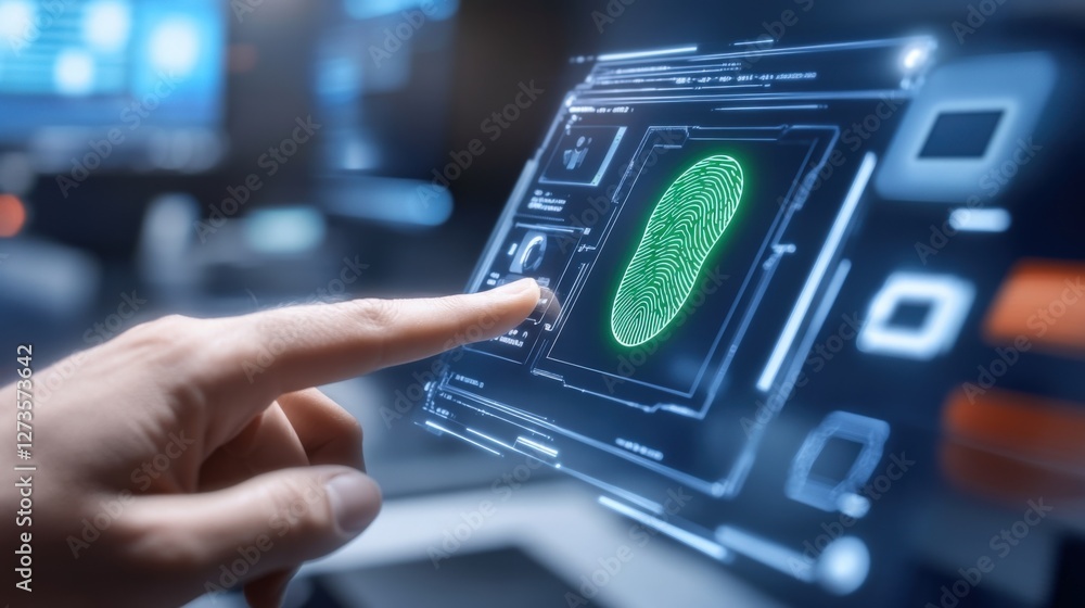 Poster biometric security action fingerprint scanning technology in a modern office environment interactive