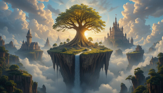 Enchanted Fantasy World with Floating Islands and Magic Tree