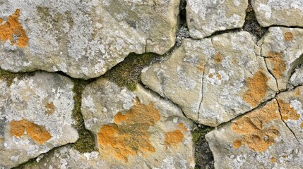 Cracked Stone Wall With Moss And Lichen Growth