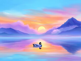 Fototapeta premium Serene sunset with a duck on calm water.