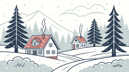 Fototapeta premium Charming winter landscape featuring snow-covered houses and trees, with gentle snowfall and serene, pastel backgrounds, perfect for seasonal designs