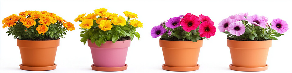 Fototapeta premium Collection of colorful potted flowers, Colorful Gerbera Daisies, on White Background